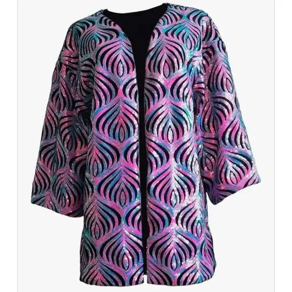 RAVE Sequin Kimono Jacket – Multicolor Peacock Feather Pattern